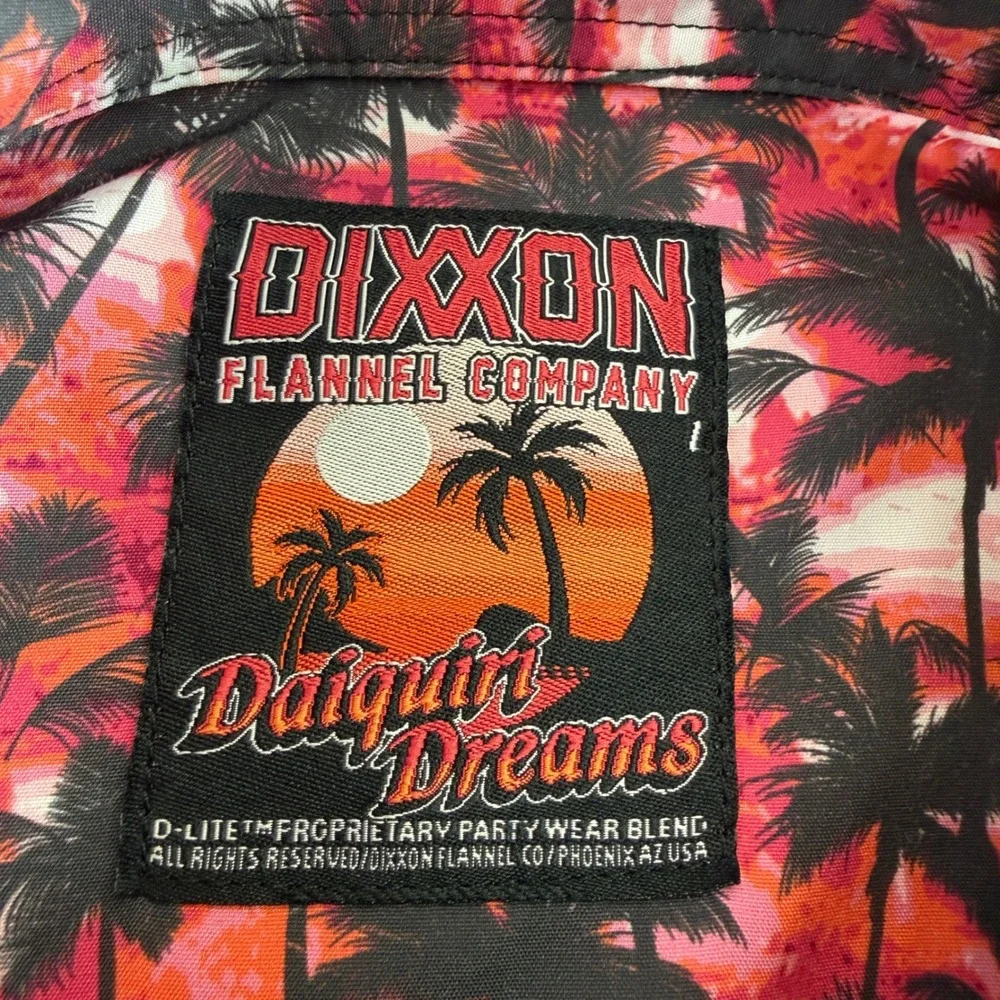 Dixxon Flannel Co Daiquiri Dreams Party Shirt Mens Large Pink Palm Tree Sunset
